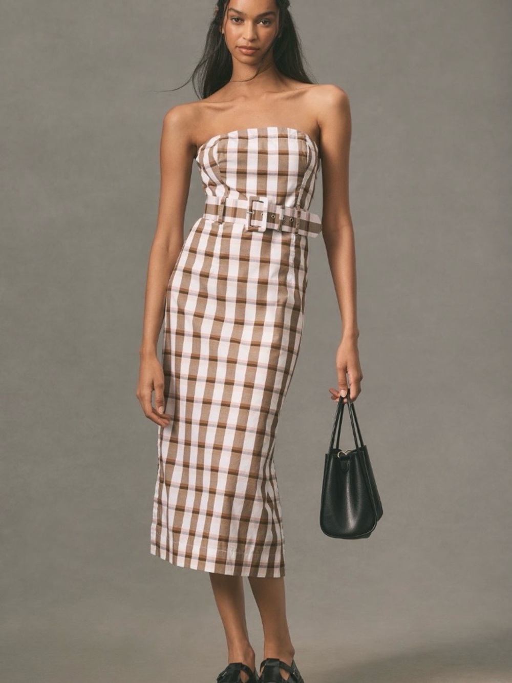 Maeve Brown & White Plaid Strapless Belted Midi Dress